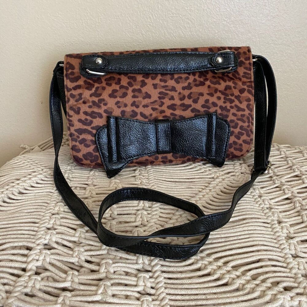 Call It Spring Fuzzy Leopard Print Black Faux Leather Shoulder Handbag Purse
